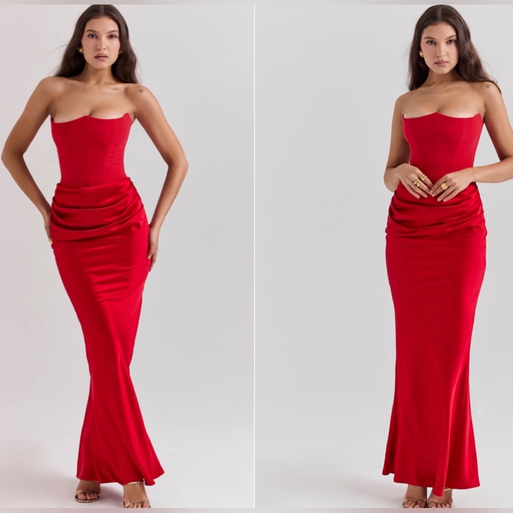 House Of Cb ‘Persephone’ Red Corset Satin Maxi Dress